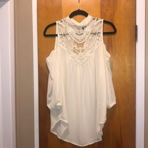 High neck, open shoulder, cream blouse, size L